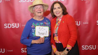 two elderly women in front of SDSU Loyal backdrop, one holds a sign that says 50+ years!